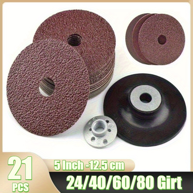 E-shop 21-teiliges Polierscheiben-Set inklusive 20 Stück 5-Zoll 24/40/60/80 Körnung Metallpolierscheiben 1 Stück schwarze M14-Gewinde-Unterlage.