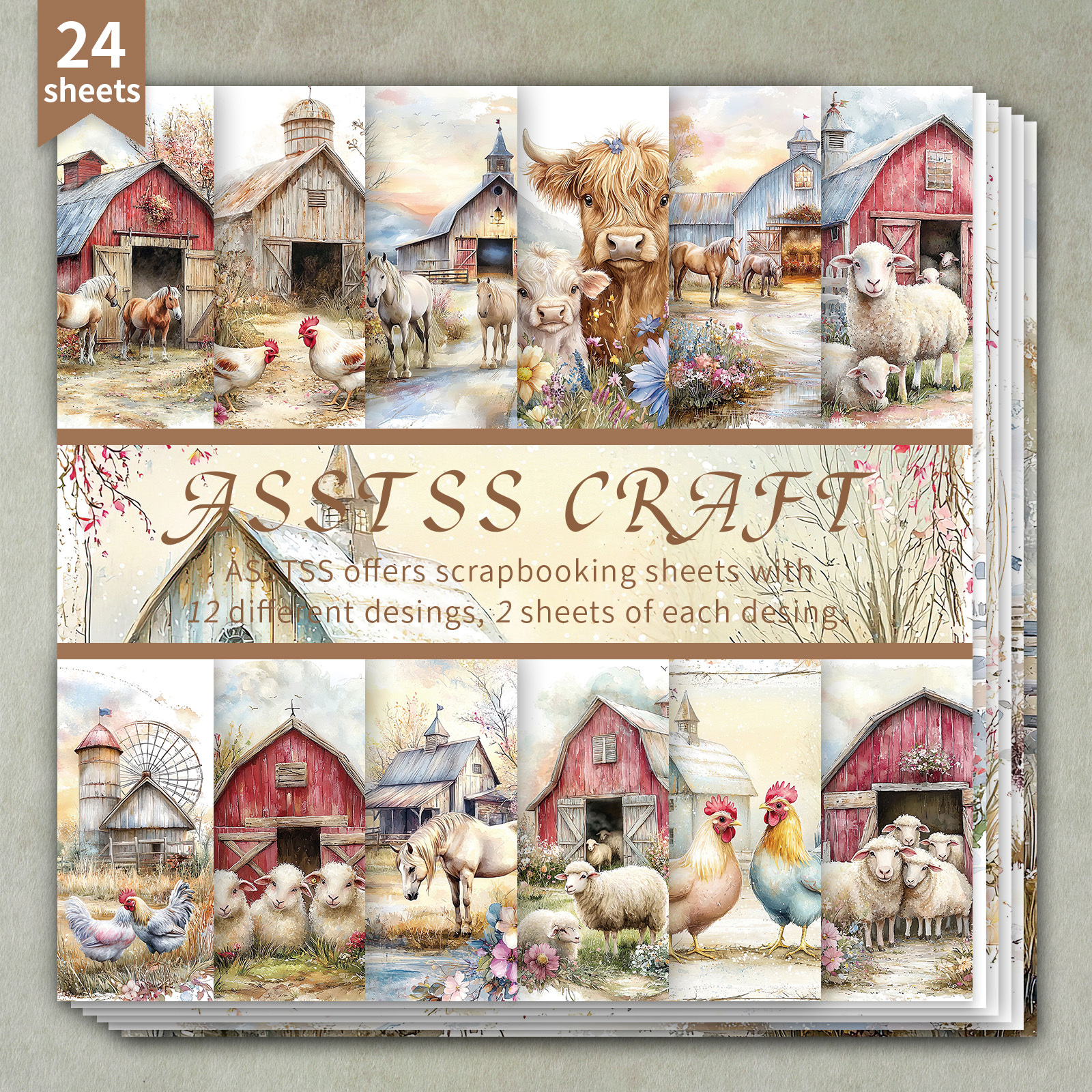 TEMU -sheet Scrapbooking Paper Pad Measuring 6 By 6 Inches, Featuring A Vintage Farm Watercolor Style. This Heavyweight Cardstock Is Perfect For
