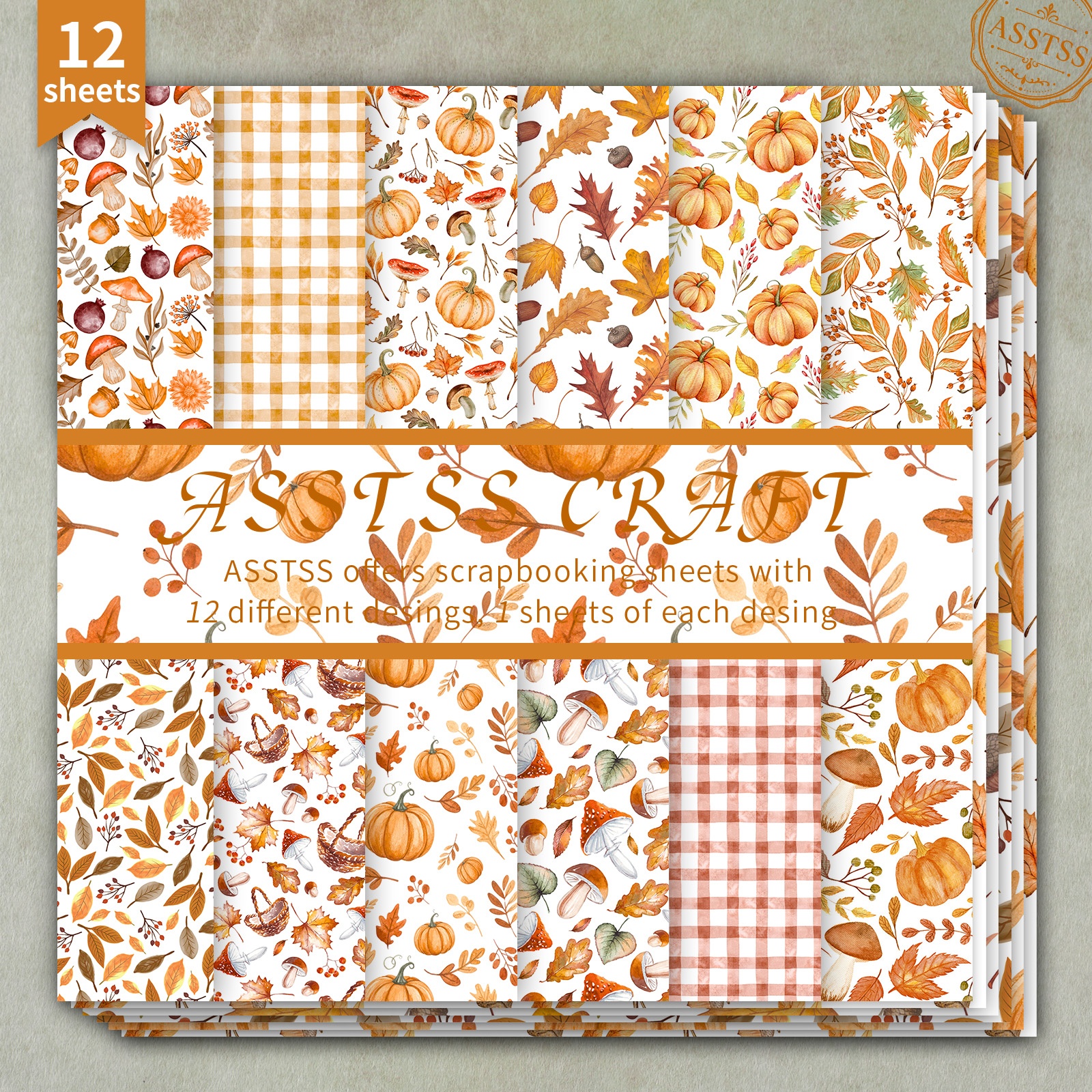 TEMU 12-sheet Asstss 6x6 Inch Scrapbooking Paper Pad, Watercolor Autumn Pumpkin Maple Leaf Mushroom Gingham Style Backing Paper Supplies, Heavyweight