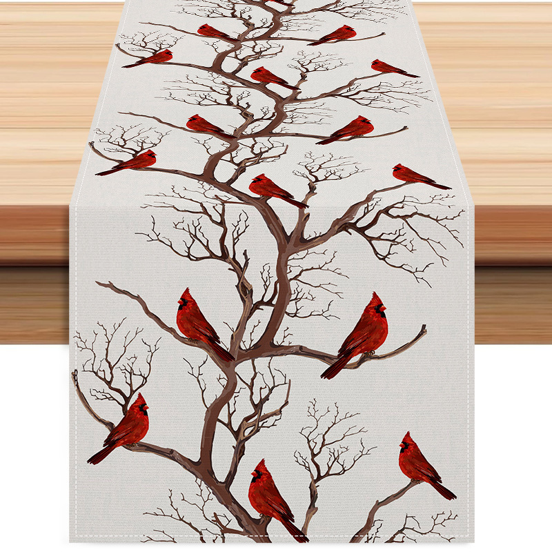 

1pc Red Birds Print Table Runner, Polyester Woven Rectangular Tablecloth, Room Dining Table Decor, Polyester 100% Tea Table Cover