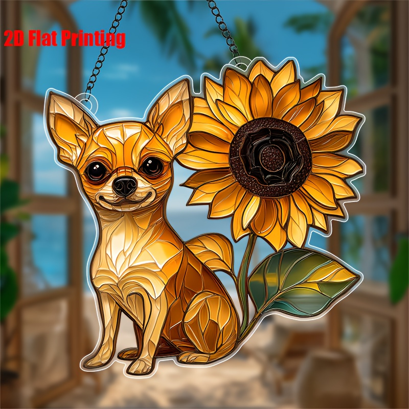 TEMU 2d Flat, 2d Flat Bohemian Style Acrylic Chihuahua Sun Catcher Wall Art - Vibrant Sunflower And Dog Decor For Living Room, Garden, Bedroom - No