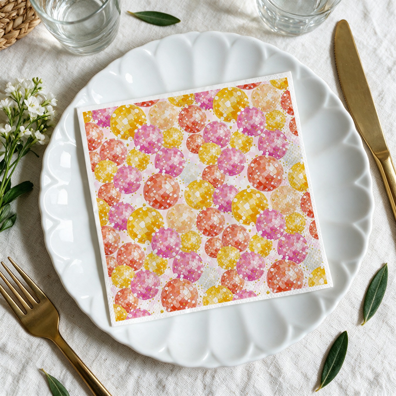 item picture 20pcs 6 5 inch square disposable cocktail napkins watercolor disco ball pattern