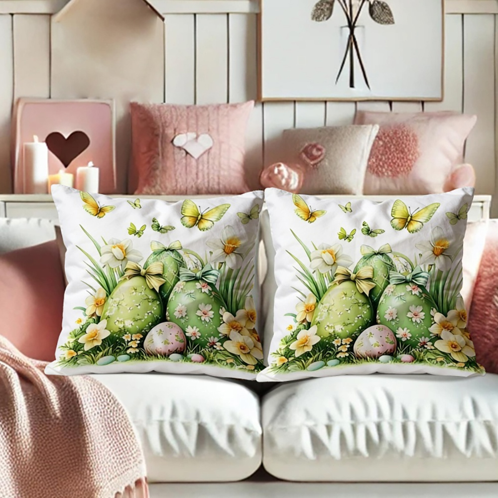 TEMU 2d Flat-2pcs Easter Pillowcases! Green Eggs With Daisies Are Super Beautiful, Very Suitable For Indoor Decorative Pillowcases, Used For Sofas,