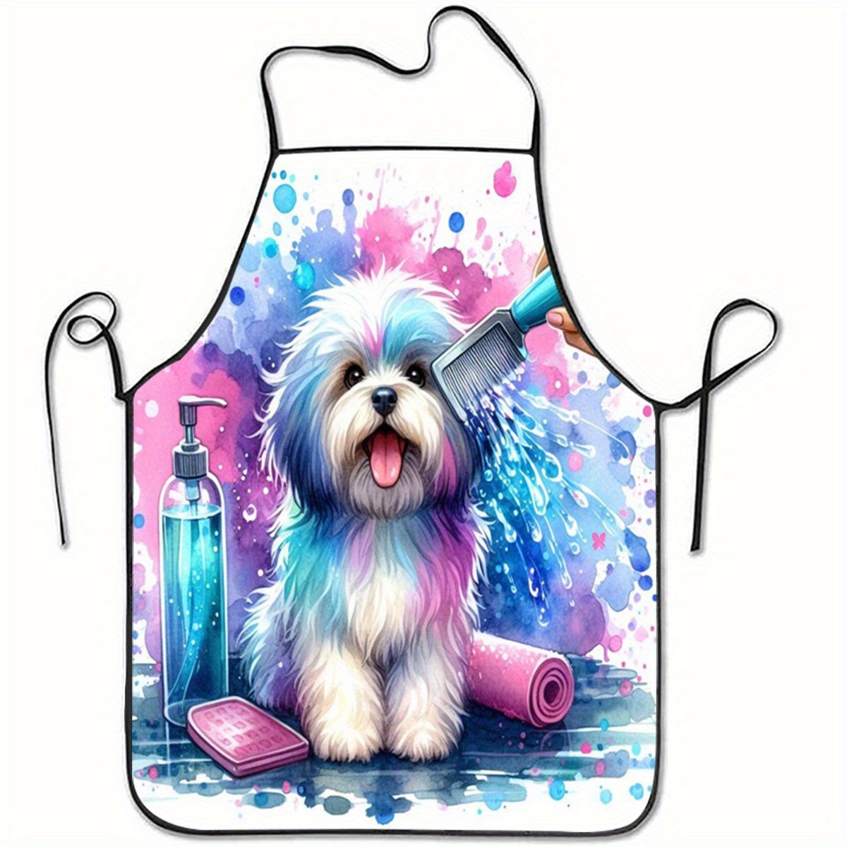 TEMU A Dog Grooming Bath Apron Made Of Printed Polyester - A Unisex Durable Baking And Coffee Work Apron With A Watercolor , Suitable For And Café