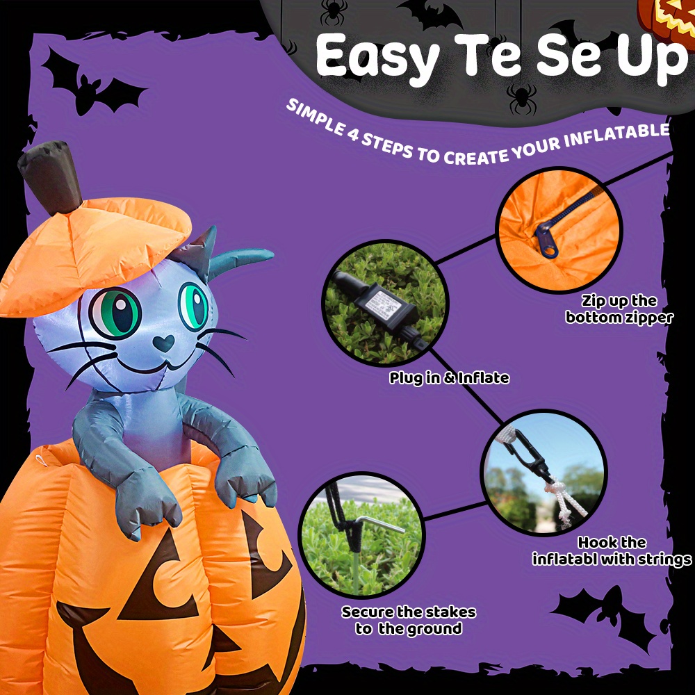 5ft halloween inflatable outdoor decorations animated cat on pumpkin with leds plug powered pvc yard decoration for spooky halloween party halloween decorations Product details 1