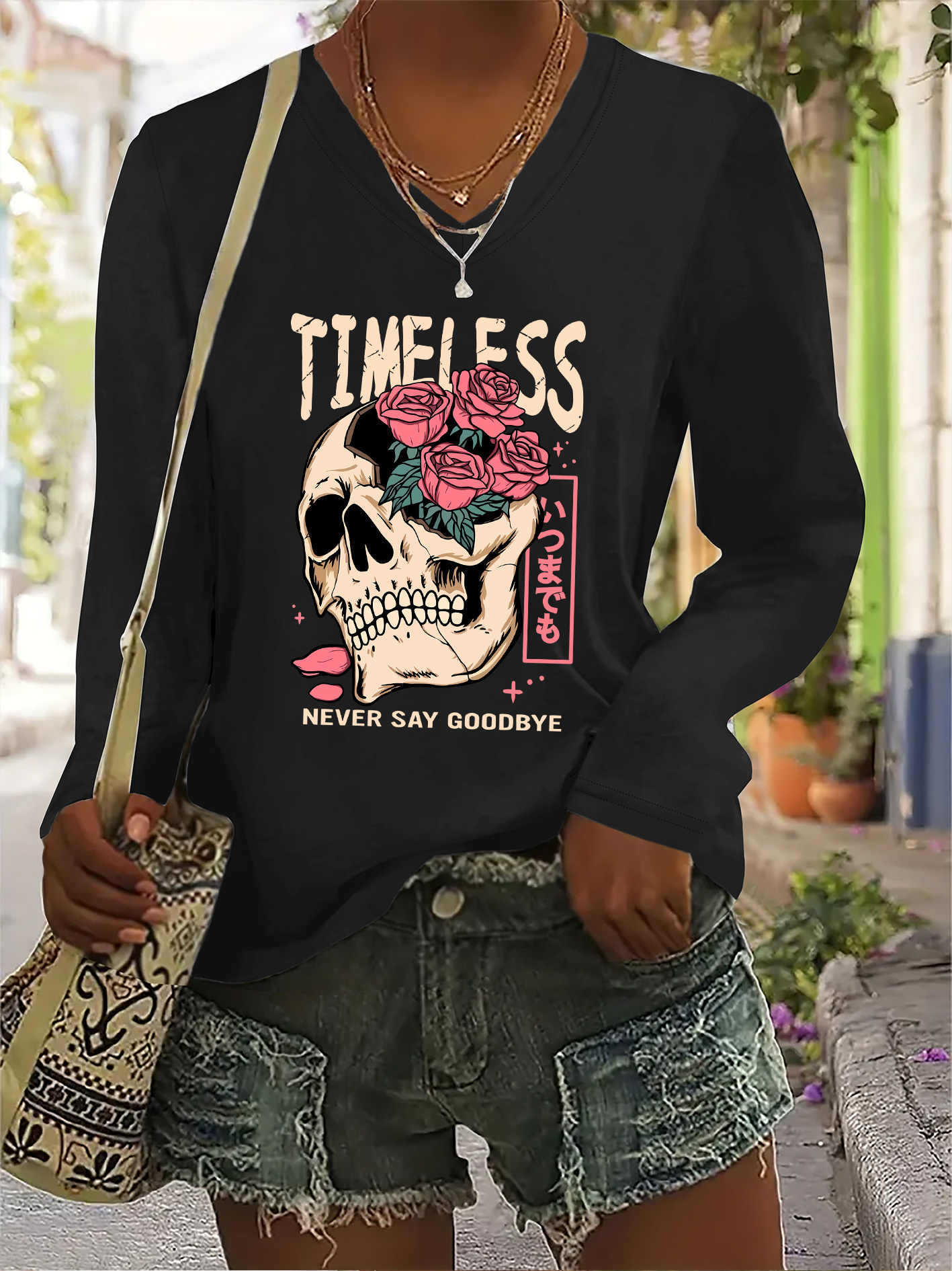 women's long sleeve v neck casual t shirt floral skull print
