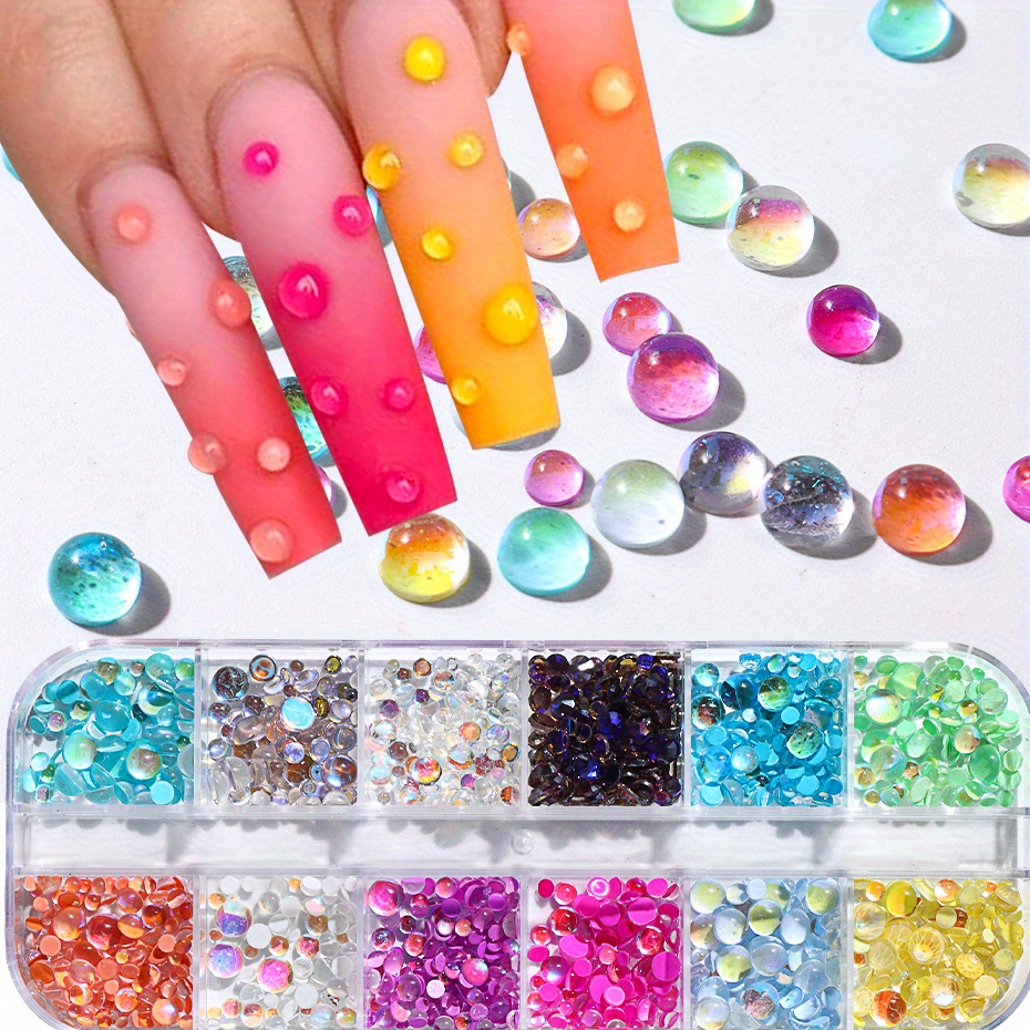 TEMU 12 Grids Sparkly Mermaid Round Beads Nail Art Decorations Mixed Size Charm Acrylic Macaron Bubble Manicure Ornaments Accessories