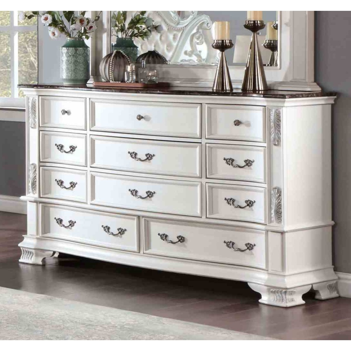 Luxury White 1pc Dresser Dovetail Drawers Genuine Marble Top Bronze Round Knob and Hanging Pulls BedroomEasy to Install Storage Unit Ready to Use Out of Box