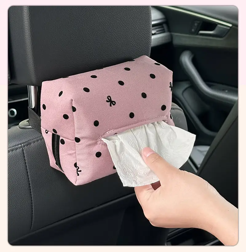 luxury elegant polka dot car tissue holder with bowknot universal fit backseat and polyester fiber ideal for armrest sun visor and console storage car accessories Product details 13