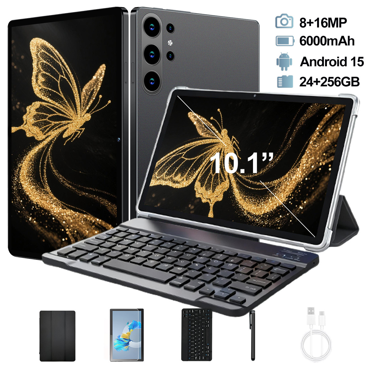 item picture   15 tablet for men daily use 24gb   256gb rom 10 1 inch ips touch 6000mah battery wifi with keyboard case stylus cable perfect gift for light festival tablet pad tablet pad