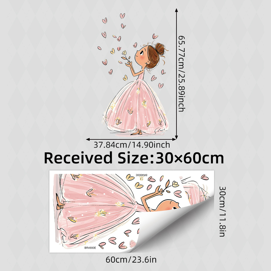 Image of 1pc Princess Wall Decals For Kids Bedroom, Cartoon Girl In Pink Dress Holds Flowers + Hearts, Nursery/playroom Diy Home Decor Wall Stickers