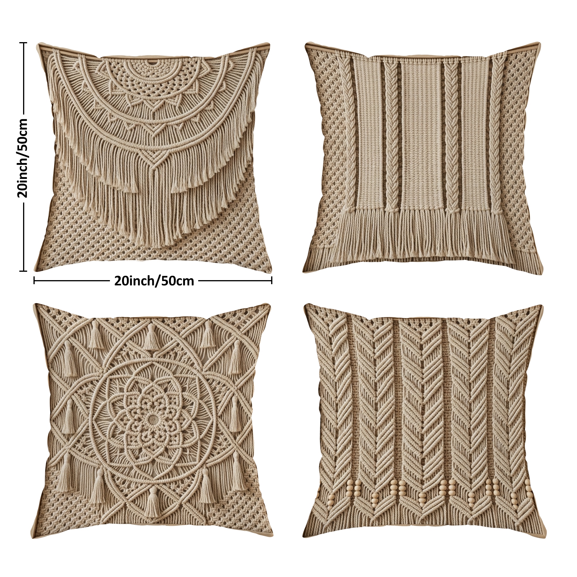TEMU 2d Flat 4pcs Bohemian Macrame Textured Throw Pillow Covers Beige Brown Cosy Decorative Pillowcases 1 Sided Printing For Living Room Bedroom Sofa