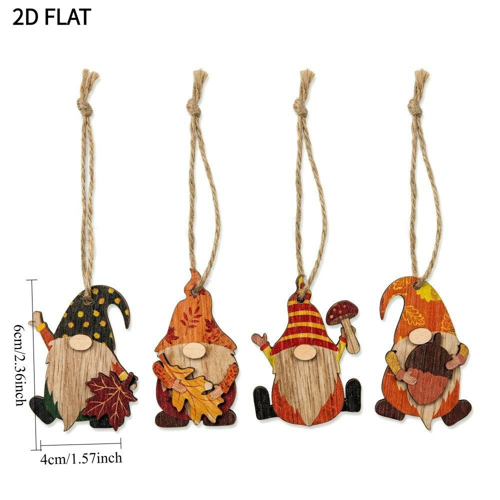 TEMU 2d Wooden Flat, 1 Set Of 4pcs Different Styles Of Decorative Items , Single-sided Printing, Gnome Ornaments. Wood Chips With Aged , Natural Hemp