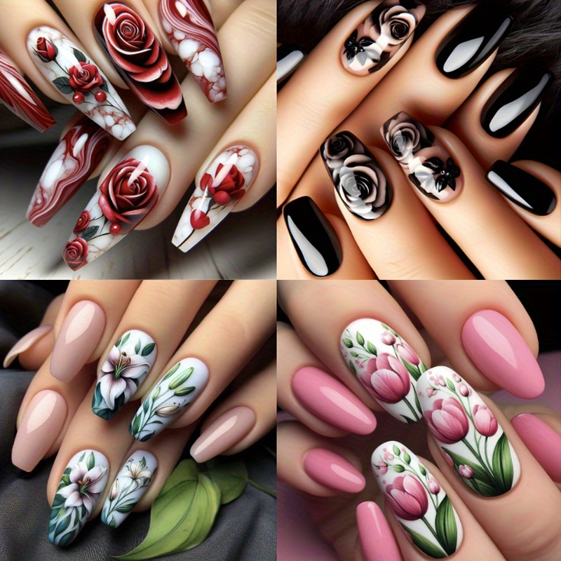 TEMU 96pcs (4 Pack) Almond Shaped Nail With Medium Size Fake Nail And Floral , Glossy Full Set Acrylic Fake Nail With Design, Reusable Female Adhesive Nail