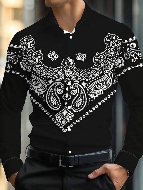 mens long sleeve shirt with white paisley pattern background machine washable suitable for casual occasions like vacations travel and outdoor