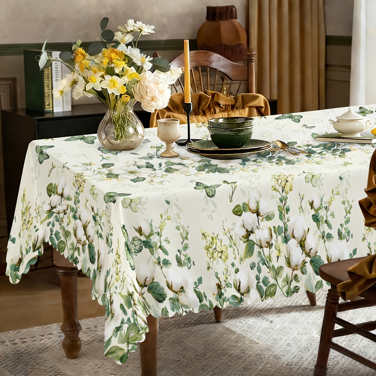 TEMU 1pc Single-sided Print White And Green Leaf With European Pattern Rectangular Tablecloth, Suitable For Restaurants, Parties, Holidays, Outdoors,