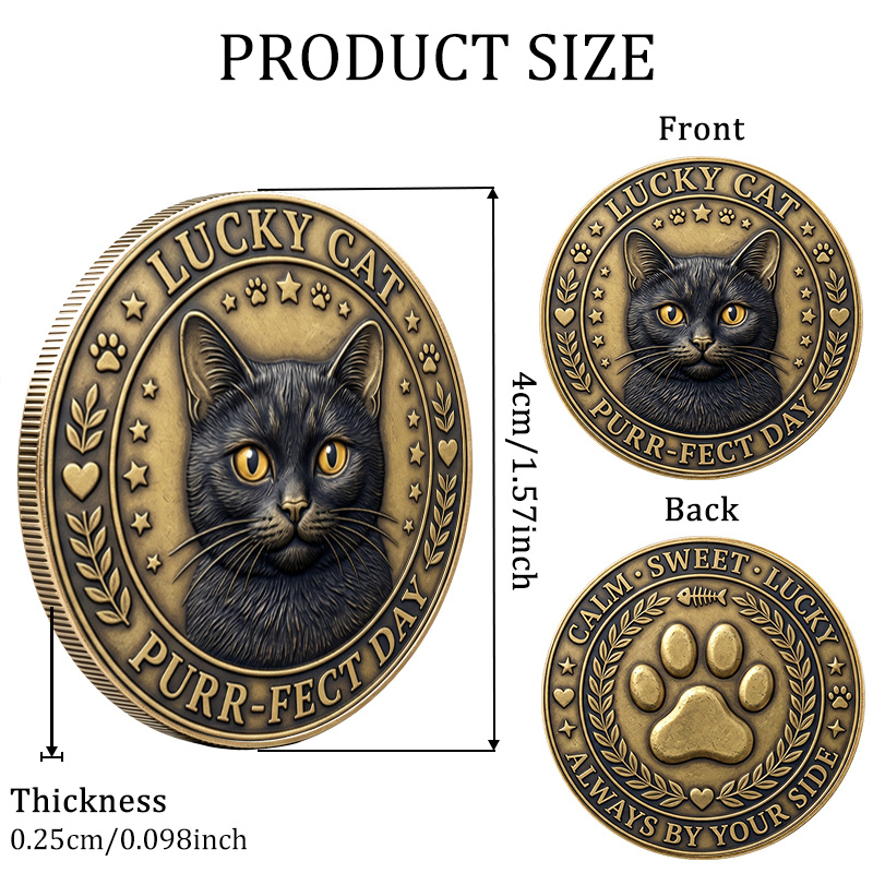 TEMU Replica Coin Vintage Black Cat 1.57 Inch Double Sided Printed Collectible Token, Front With Cute Kitty Artwork, Reverse With Cat Pad Wreath
