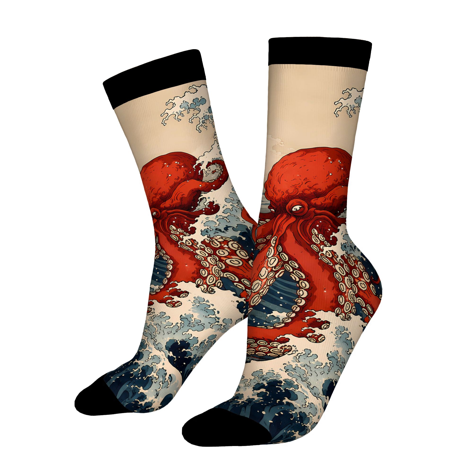 TEMU 2d Print Design Enormous Octopus In Japanese Wave Art Men's Novelty Crew Socks Mid-calf Socks Novelty Footwear For Parties And Beach And Casual