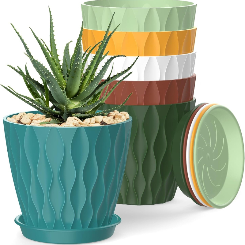 E-shop 12-teiliges Set (6 Blumentöpfe + 6 Schalen) für Zimmerpflanzen, mit Drainagelöchern und Pflanzschalen, Wasserwellen-Textur, kleine Blumentöpfe,