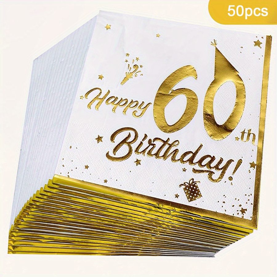 E-shop 50 Servietten, 60. Geburtstag Servietten, Happy Birthday Einweg-Papierhandtücher, Goldfolien-Einwegservietten, für 60. Geburtstagsparty,