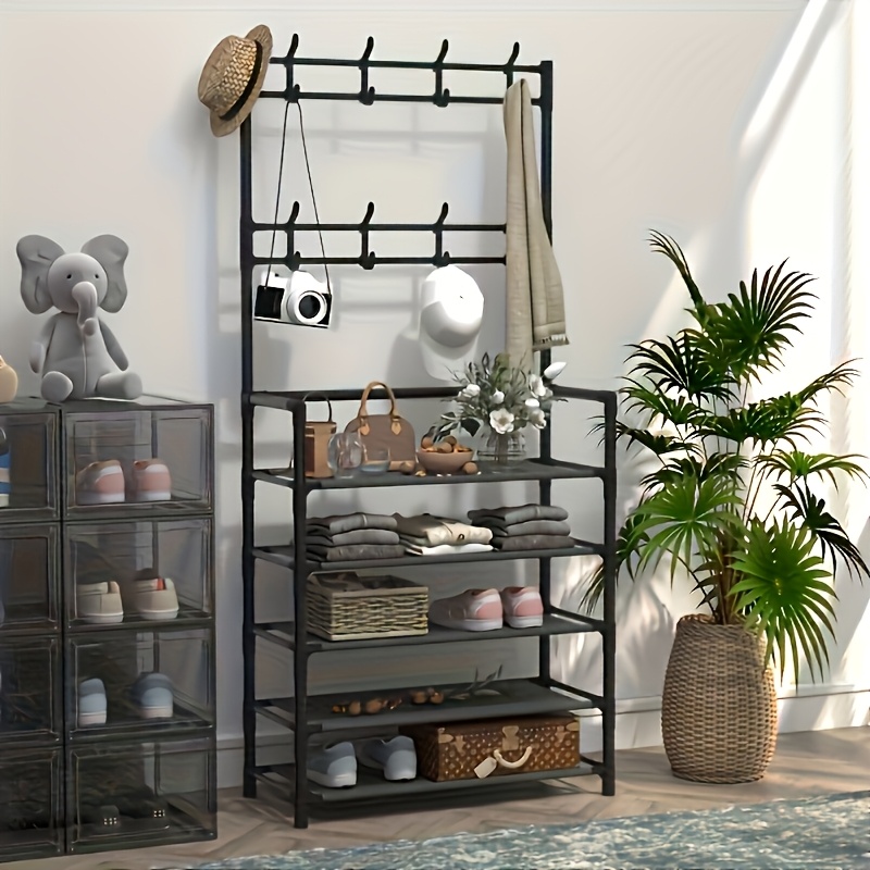 Heavy-Duty 5-in-1 Valet & Suit Stand with 8-Hook Coat Rack, Shoe & Umbrella Holder - Stainless Entryway Storage Organizer Suitable for Hallway, Mudroom, Foyer - Space-Saving Freestanding Furniture, Easy Assembly for /Office/Hotel