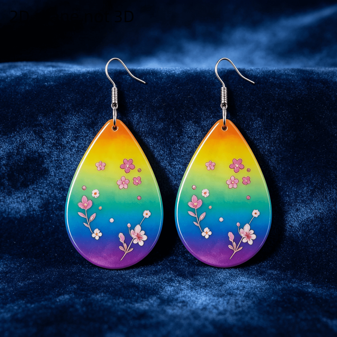 Rainbow Gradient Cherry Blossom Teardrop Dangle Earrings, Gift