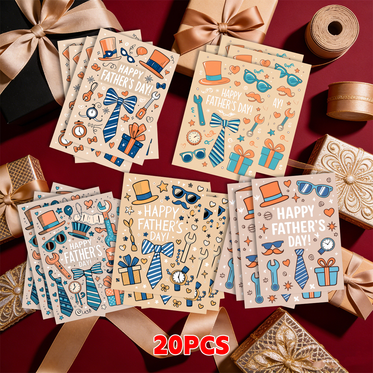 TEMU 20pcs Father's Day Greeting Cards, Holiday Postcards, Exquisite Postcards Bow Tie Gift Tool Clock, Happy Father's Day! Suitable For Christmas,