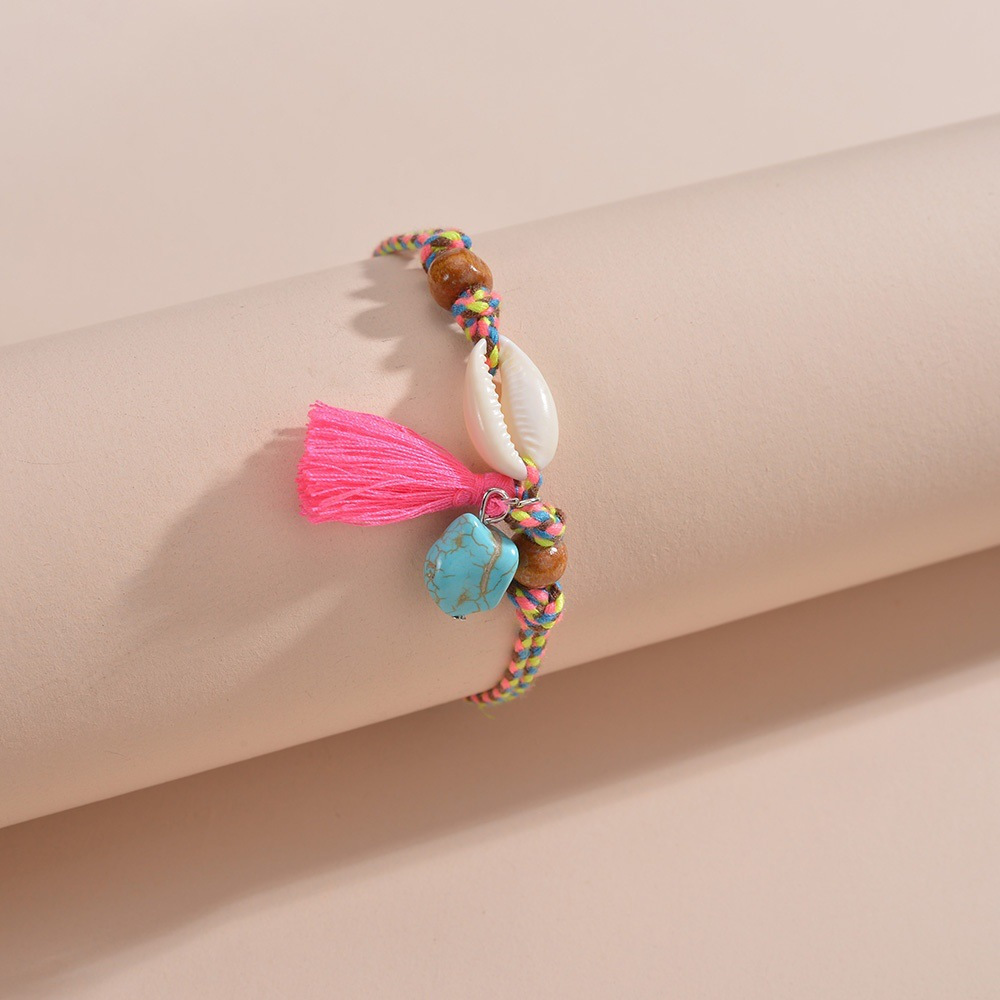 Women's Woven Anklet with Shell Tassel & Turquoise Pendant