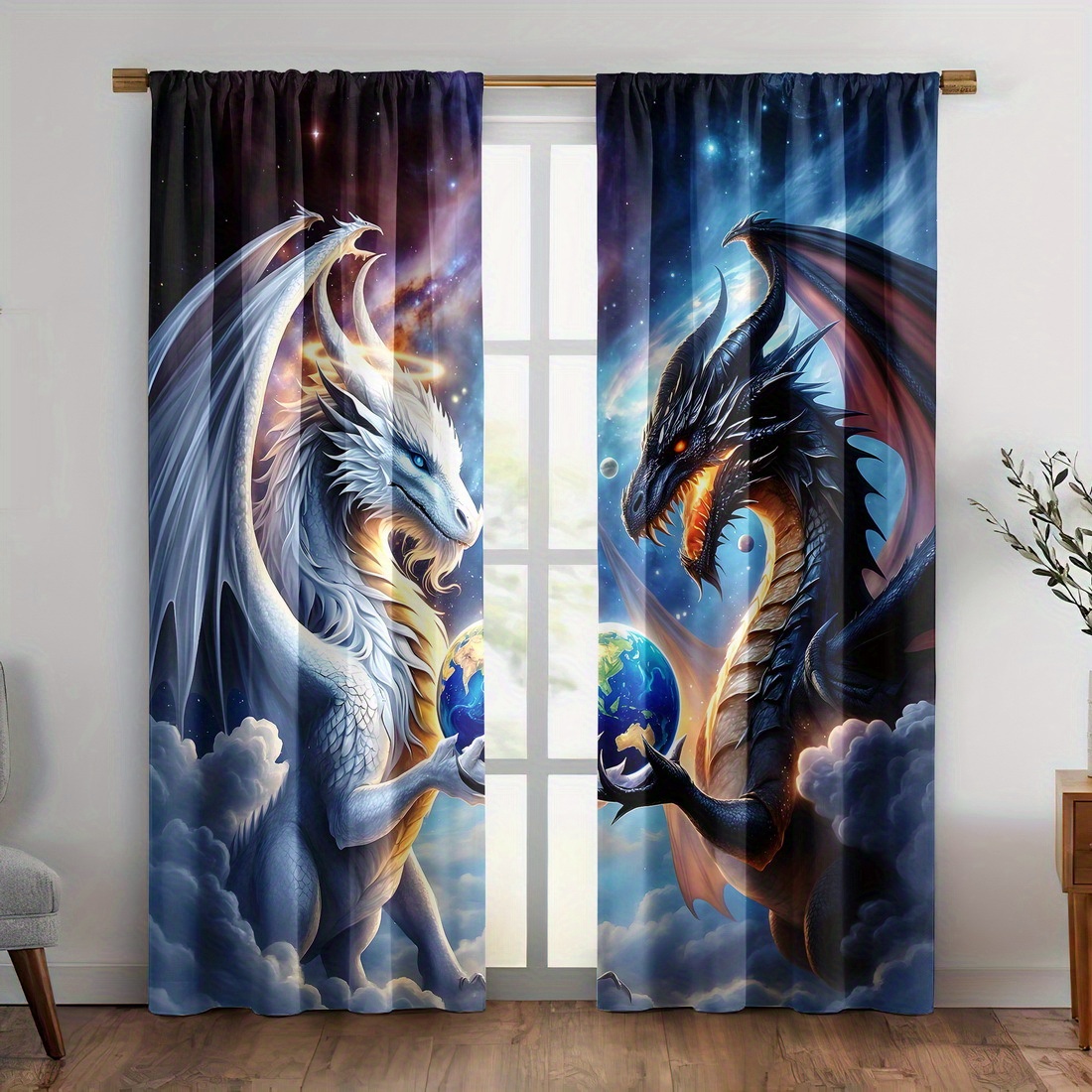 TEMU 2pcs Curtain Fabrics, Dragon Printing Window Products, Insulation Blackout Curtains For Bedroom, Polyester Machine Washable, Kitchen Bedroom