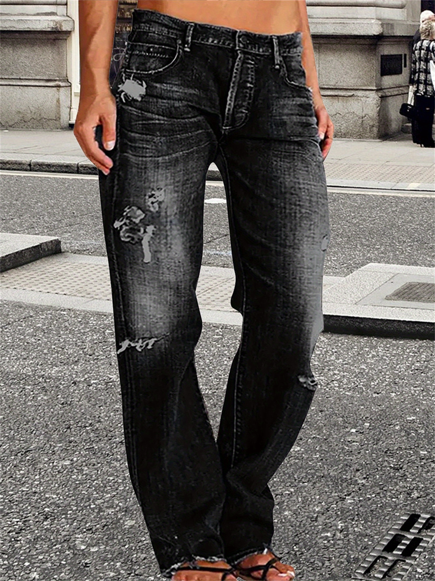 womens punk style gradient distressed ripped jeans high Temu