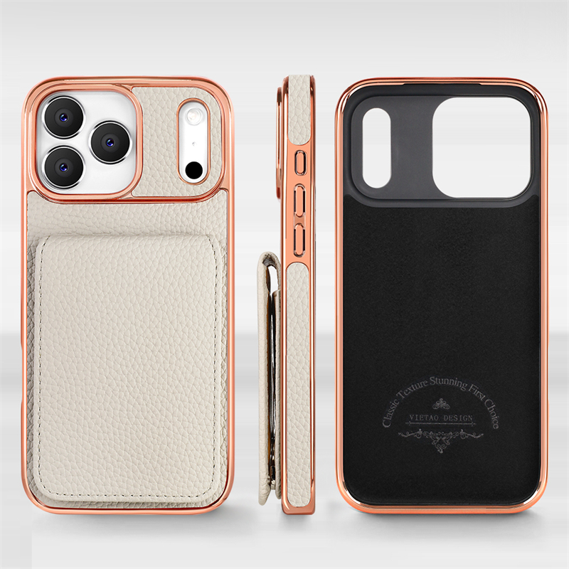 Phone Case: Business PU Lychee Texture Flip Cover Card Holder with Multiple Card Slots, Stand Function, Crossbody Strap, and Full-Body Protective Case with Plated Frame for Apple iPhone 17 Pro Max/17 Pro/17 Air/17