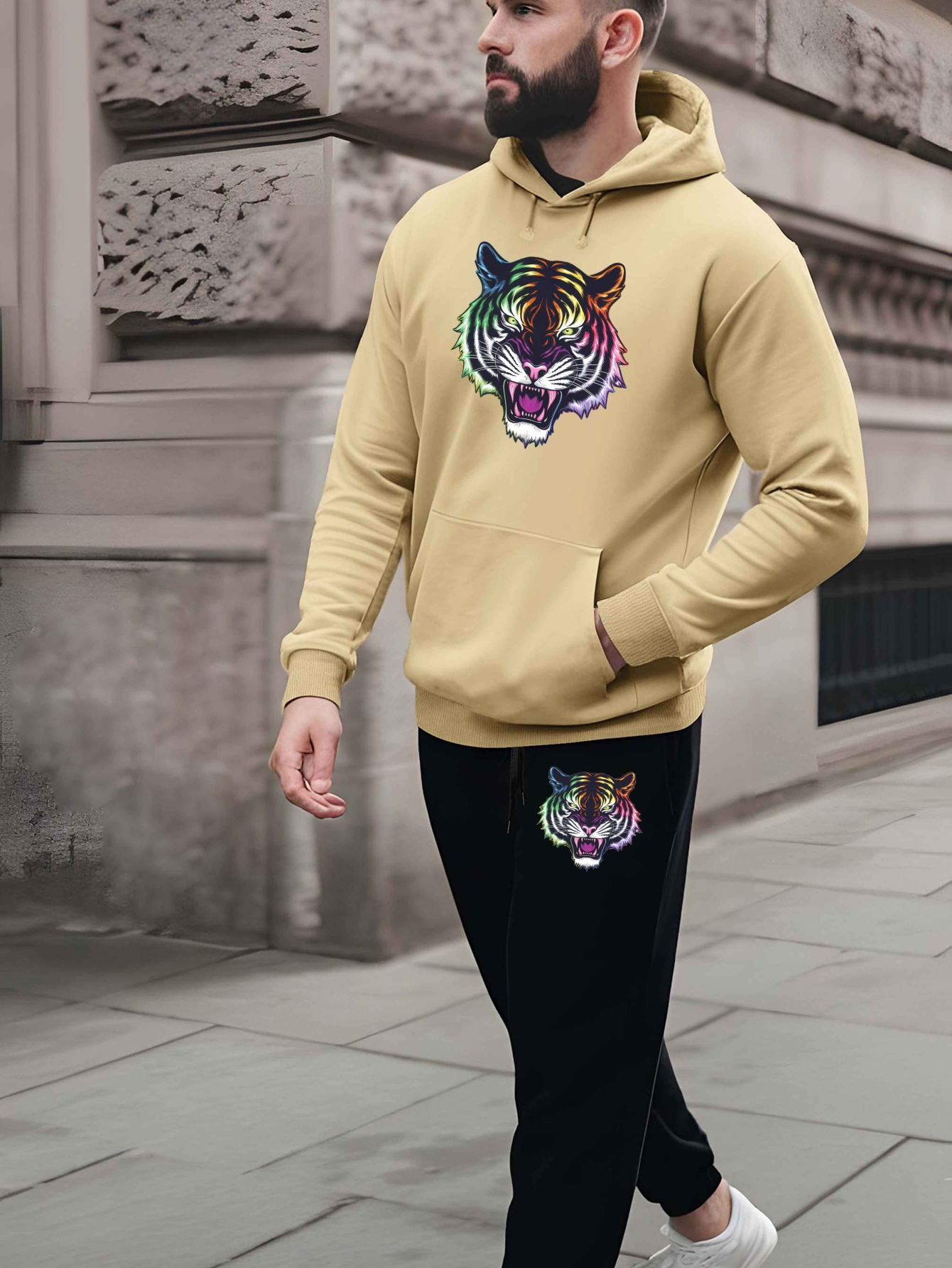 Ensemble Sweat à Capuche + Pantalon De Jogging Motif Tête De Tigre - Unisexe, Doublure Polaire Hiver
