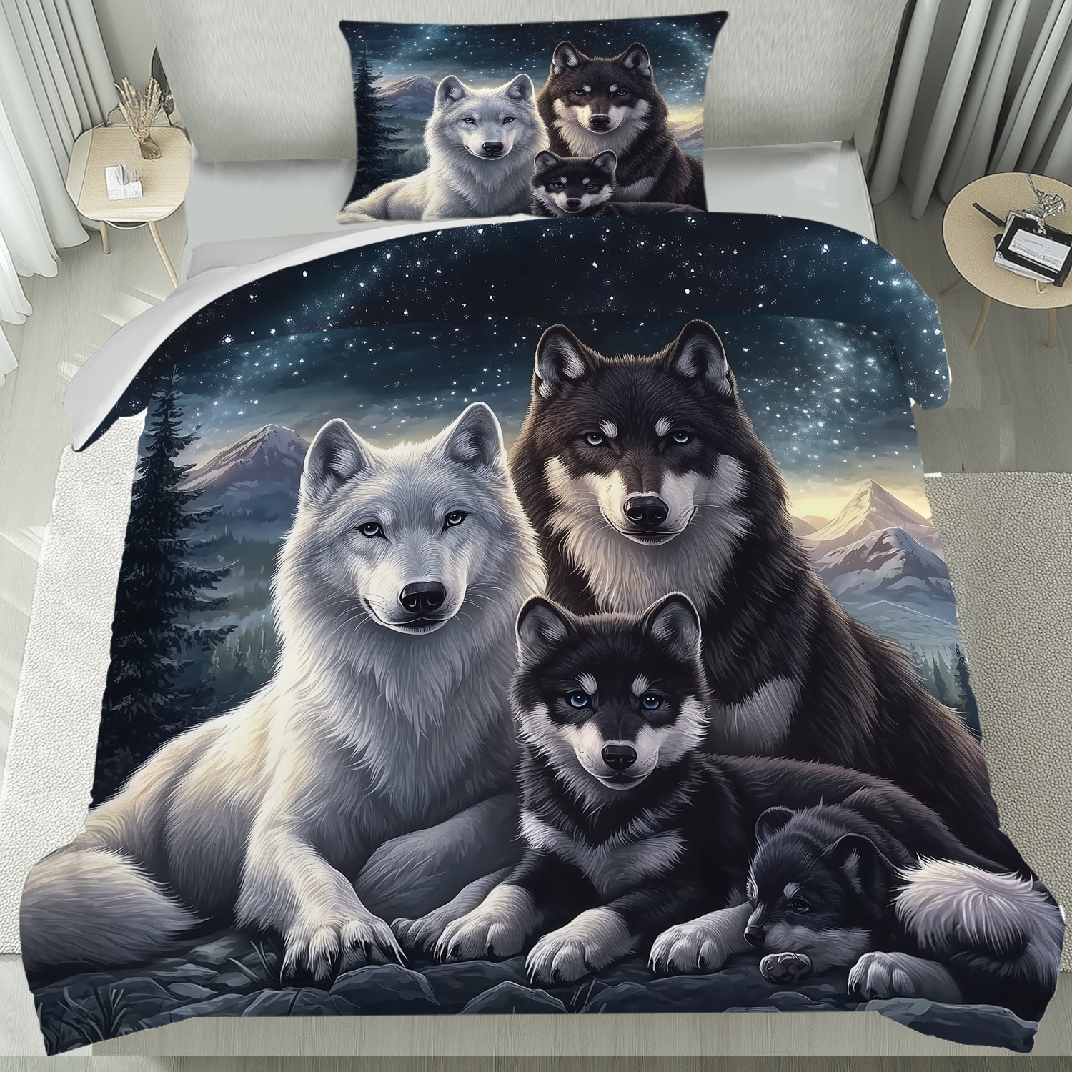 TEMU 2/ 3pcs Wolves With Black And White Fur Wolf Pack Pattern Night Sky Background Duvet Cover Set, Includes 1 Duvet Cover & 1/2 Pillowcases, Style