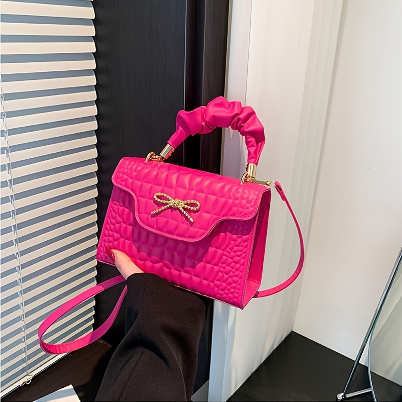 Quilted Pu Leather Handbag With Rhinestone Bow And Crossbody Strap_voghion.com