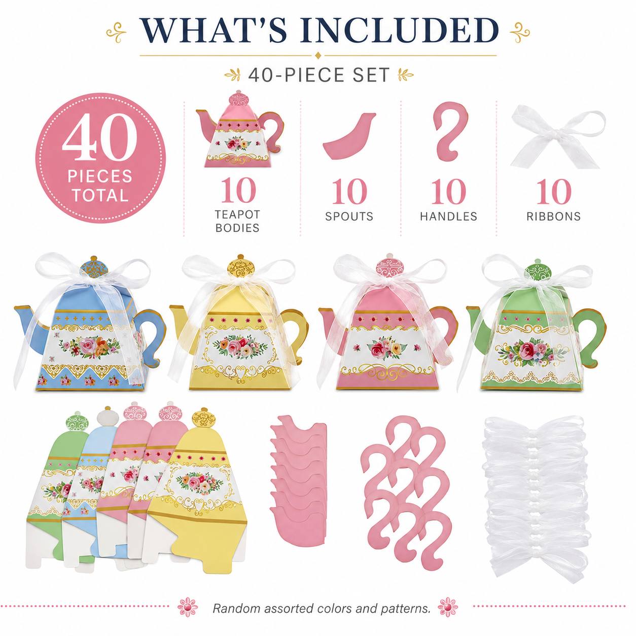 TEMU 40pcs Vintage Floral Teapot Gift Box Set With Gift Bags, Including Bodies, 10 Spouts, 10 Handles, And 10 Ribbons. Random Color Paper Guest Favor