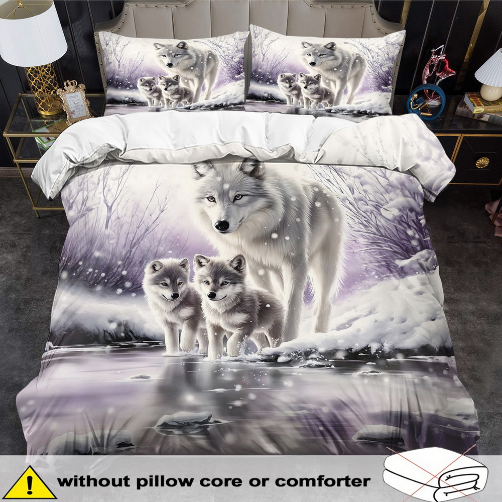 TEMU White Wolf Themed Duvet Cover Set - 2/3pcs, Soft, Comfortable, And Breathable, Fantasy Animal Pattern Printed Bedding, Wolf Print Duvet Cover