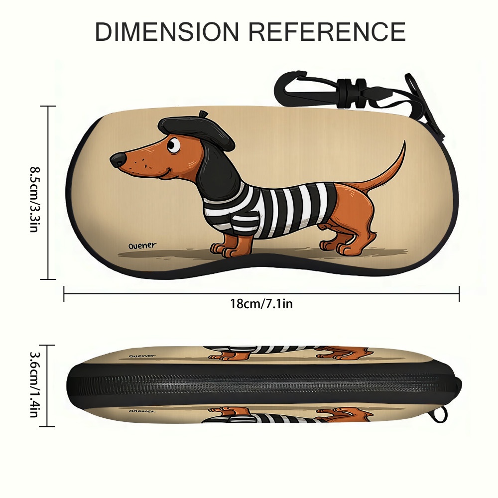 TEMU Estuche para gafas con cremallera, 1 pieza, con estampado de dibujo de perro salchicha 2D, de poliéster resistente a los arañazos para