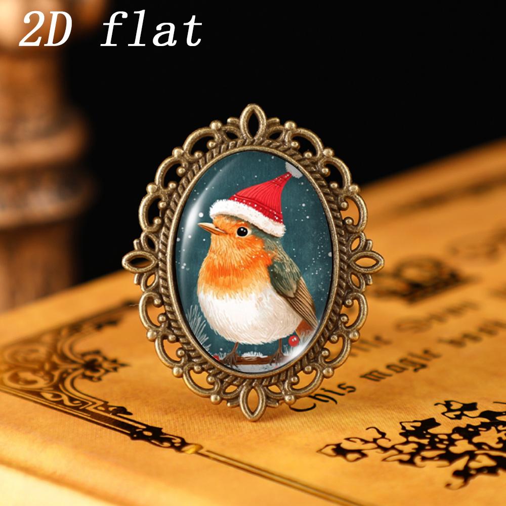 TEMU 1pc Christmas Robin Bird With Santa Hat Winter Watercolor Oval Glass Badges, 2d Flat Design Glass Pattern, Versatile Ornament For Clothing And