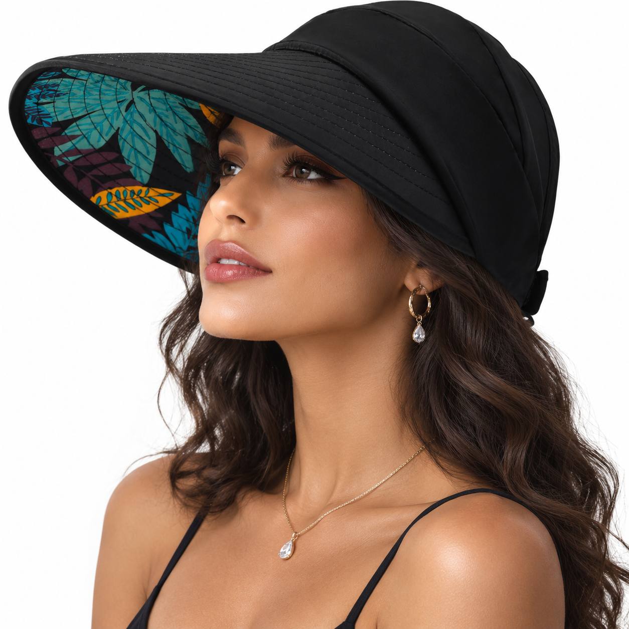TEMU Women's Oversized Sun Hat With Top, Wide Brim For Sunshade, Plant Print Design Inside, Fashionable And Beautiful. Lightweight And Breathable