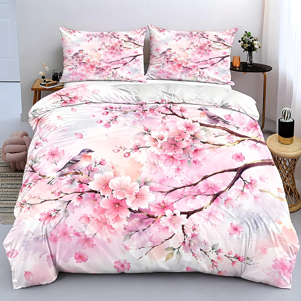 TEMU 3pcs Cherry Floral Bird Watercolor Style Duvet Cover Set, Bedding 3pcs Set (1*duvet Cover   2*pillowcases), Suitable For , Machine Washable,