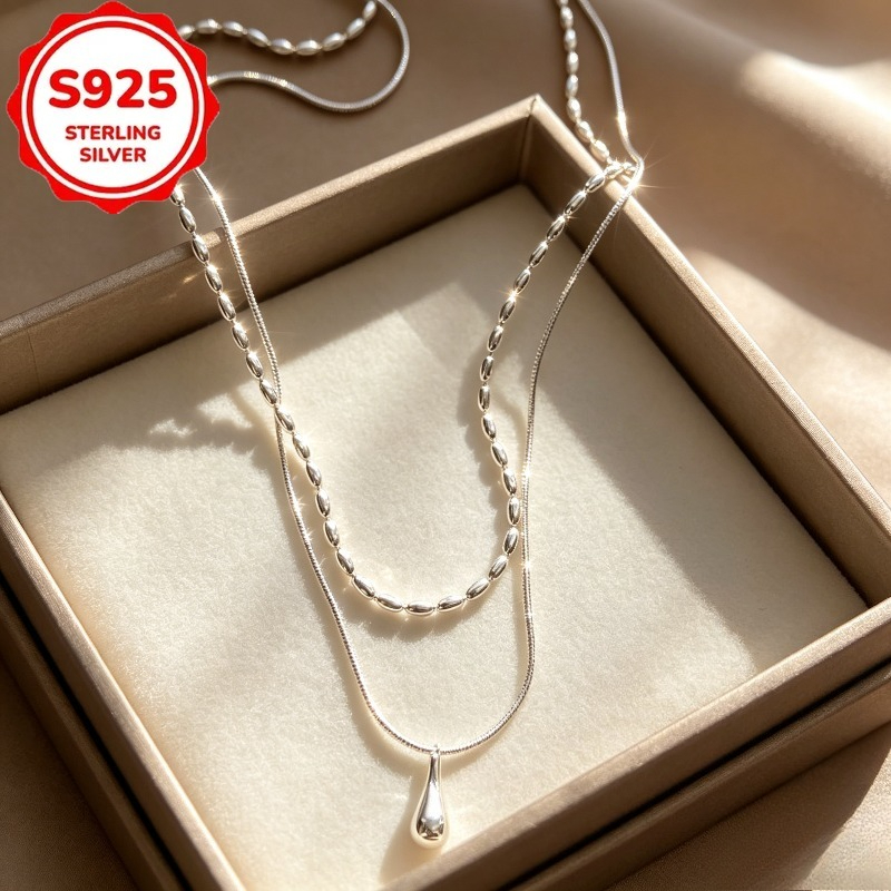 S925 Sterling Silver Double Layered Water Drop Pendant Necklace