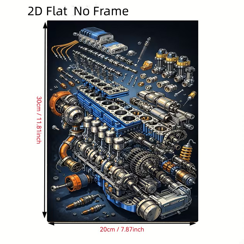 TEMU Art sur toile 2D plat, vue éclatée d'un moteur mécanique de cadre, décoration murale de style industriel, riche en détails. Convient aux salons,