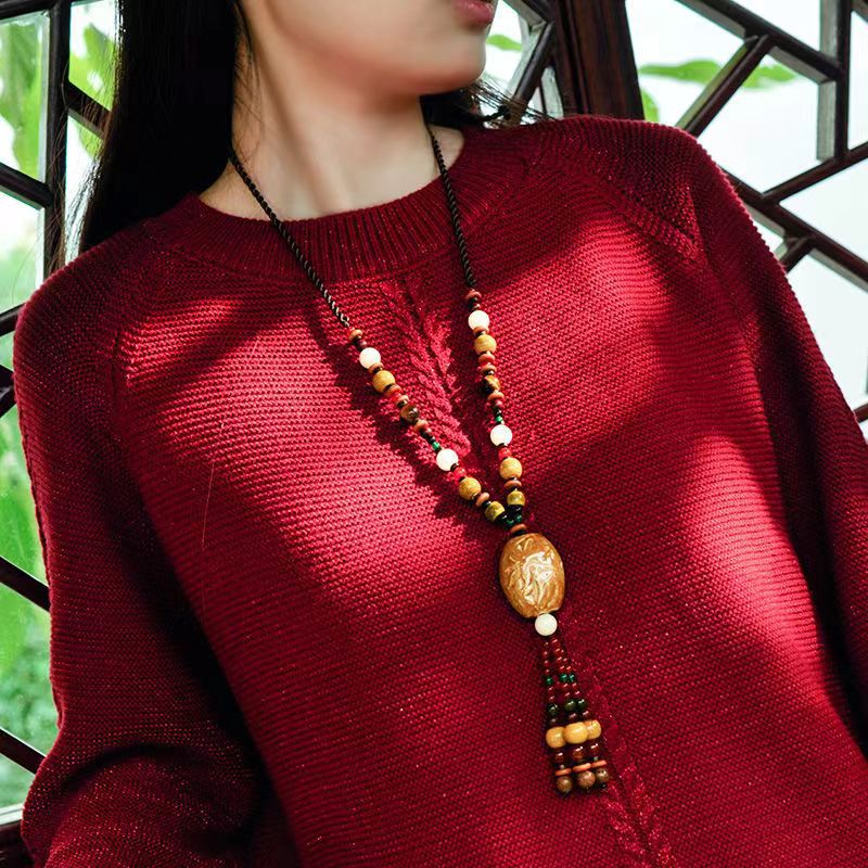 Ethnic Style Long Sweater Chain Necklace with Ceramic Tassel