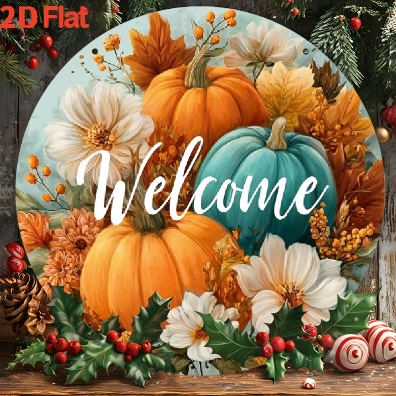 TEMU Panneau de 2D plat, style ferme rustique - Couronne de citrouilles d'automne, citrouille orange, - Décoration d'automne légère en bois pour