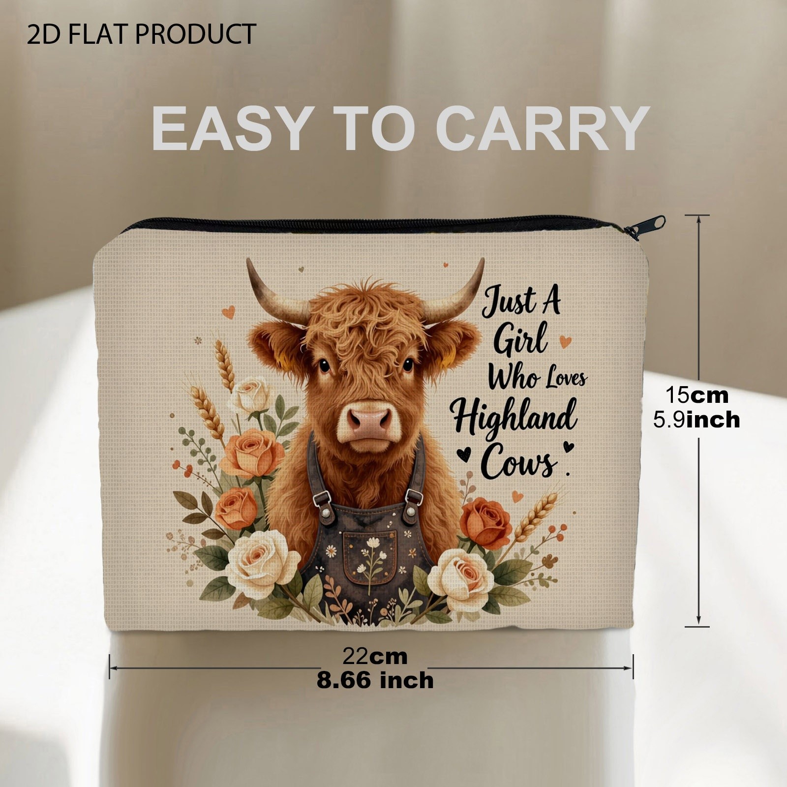 TEMU Fluffy Highland Cow Print Makeup Bag, " Who Highland Cows" Pattern, Soft Polyester Cosmetic Pouch In 5.9in*8.66in, Double-sided Decorated With