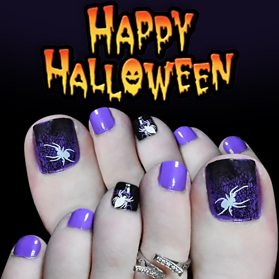 Halloween Gothic Spinnennetz-Zehennagel-Aufkleber, lila-schwarzer Glitzer,  knstliche Zehenngel, 24 Stck, gruselige glnzende Ngel