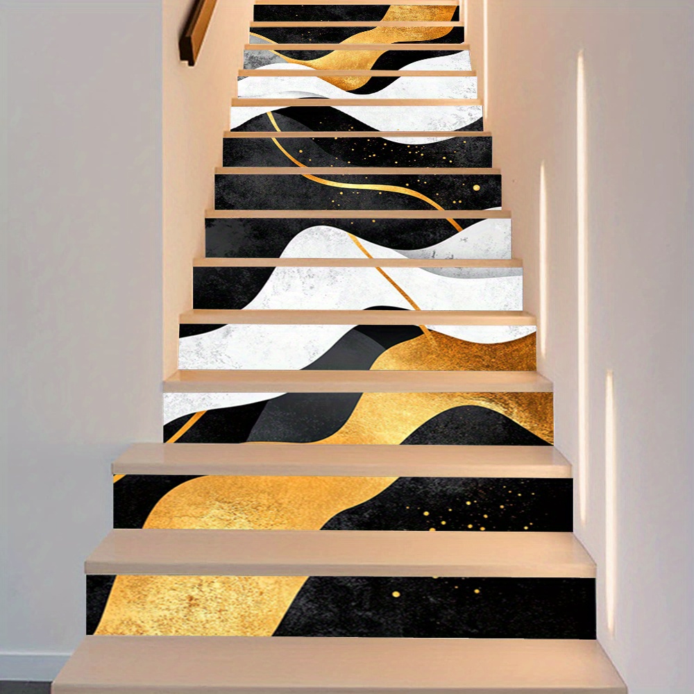 13pcs Modern Abstract Black and Golden Wavy Staircase Decals - Self-Adhesive Vinyl Stair Riser Murals, 100.0cmLx17.98cmW, Peel and Stick for Easy Installation, Elegant Home Décor for Staircases