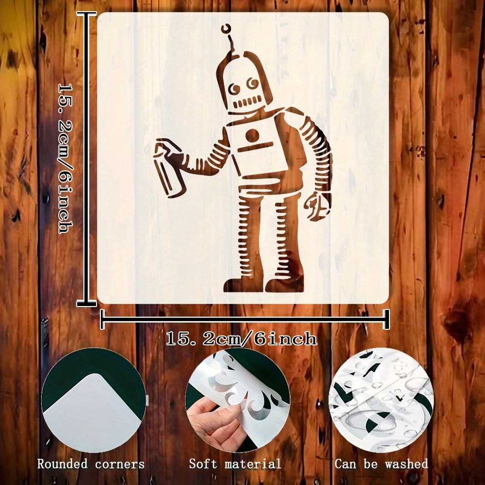 Image of 1pc 6-inch Reusable Robot Painting Stencil, Plastic Airbrush Art Diy Template For Walls, Wood, Canvas, Furniture - Ideal For Scrapbooking, Work & Home Decor Crafts