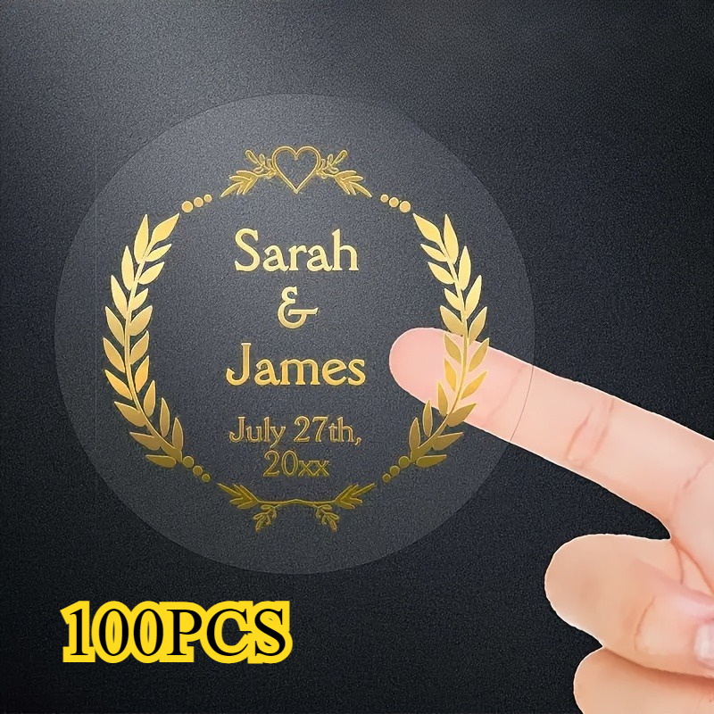 TEMU 100pcs/150pcs/200pcs Custom Stickers - Personalized Transparent Round Leaf Design With Name And Date, Suitable For Glass, Shiny Wedding
