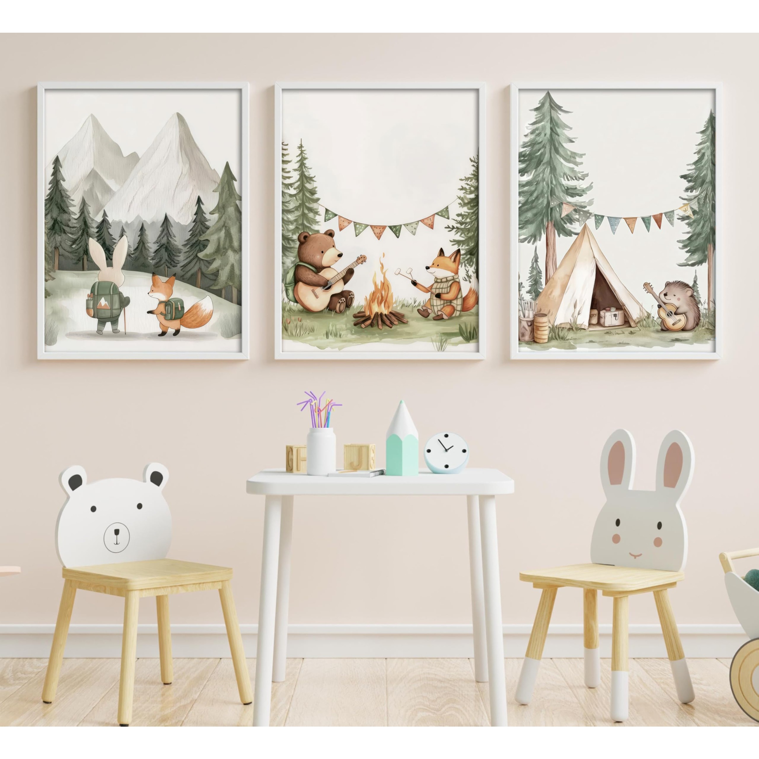 TEMU Plat 2D, (Affiche sur toile cadre) 3 pièces Art mural sur toile pour chambre de bébé Animaux des bois Renard Lapin Hérisson Peintures Images